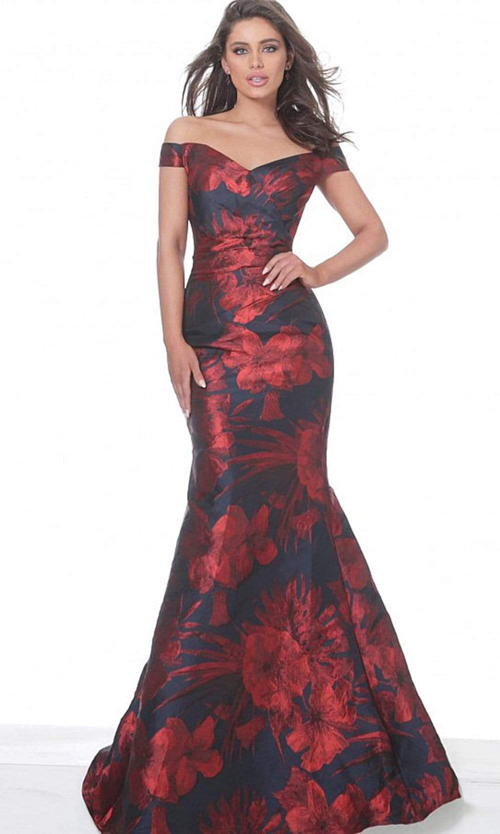 03932 Off Shoulder Floral Satin Mermaid Gown