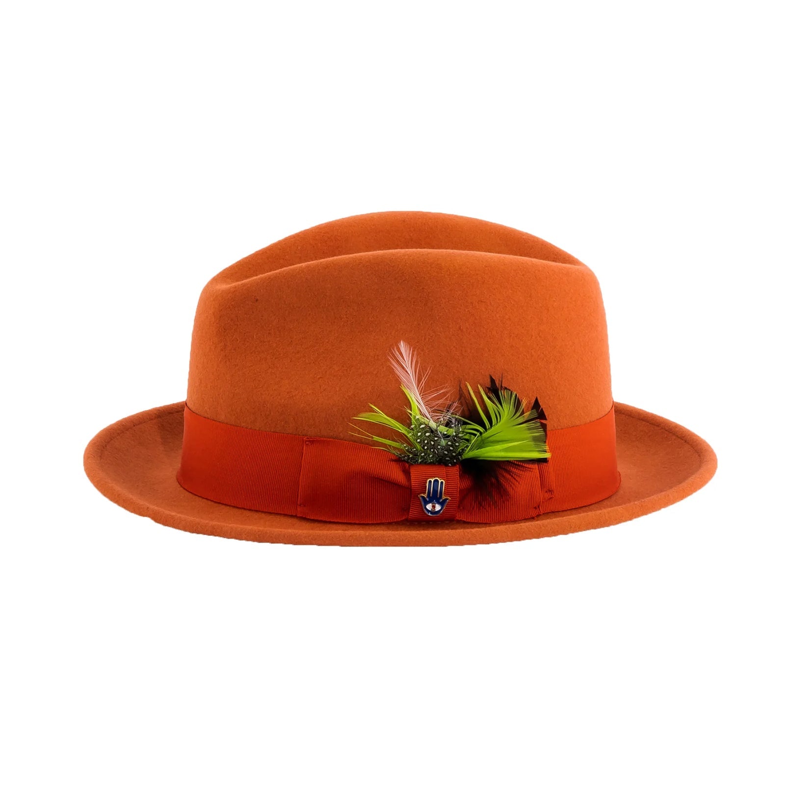 Mens Narrow Brim Crushable Wool Dress Hat Trilby Fedora in Orange Rust