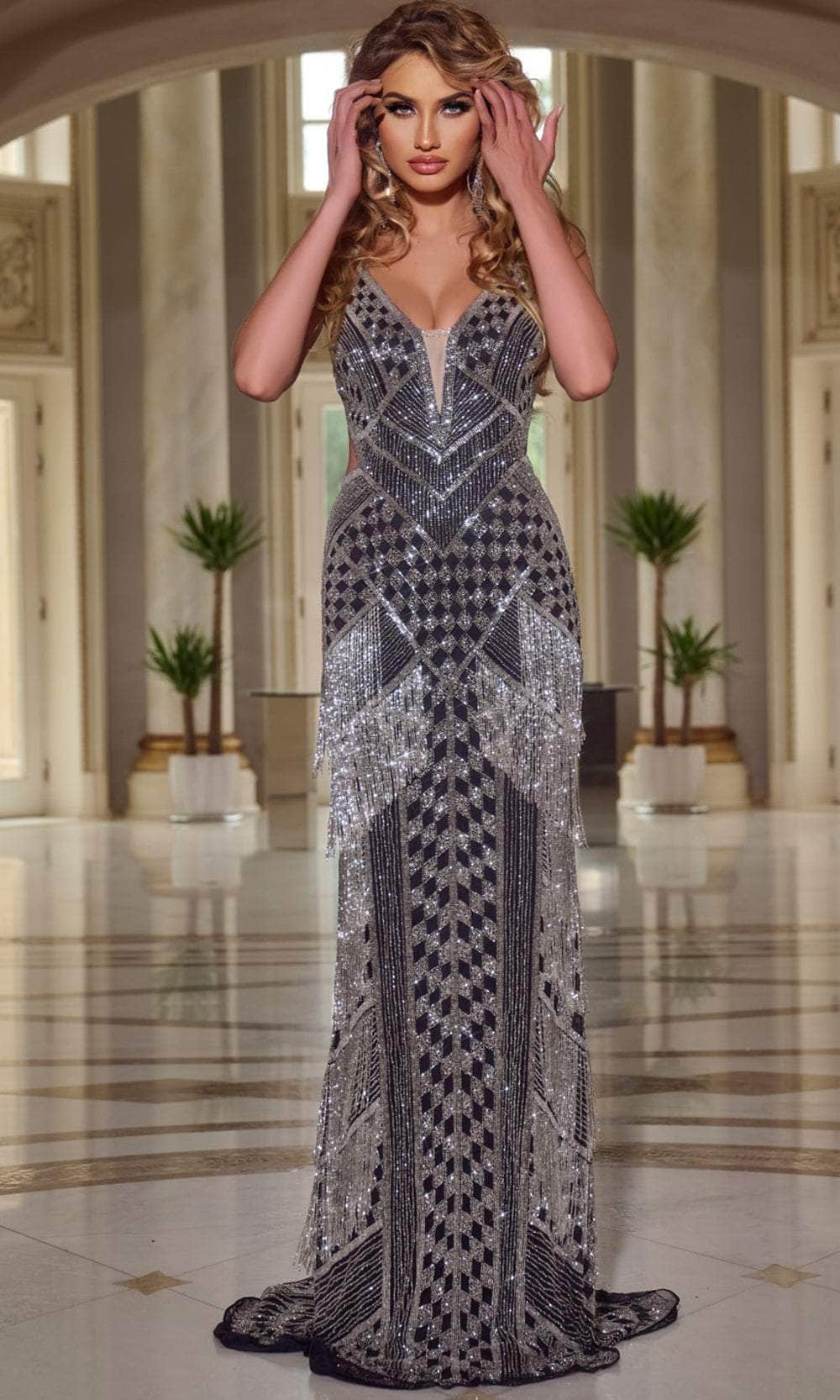 V-Neck Sheer Insert Prom Gown