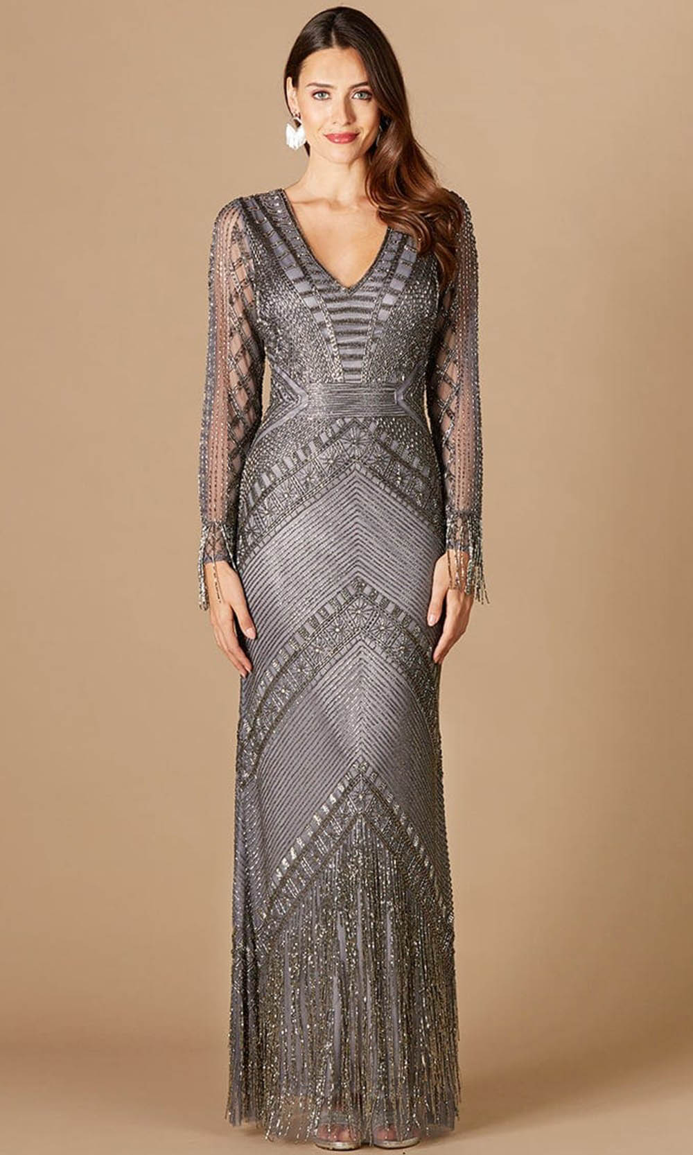 Fringe Beaded Long Sleeve Gown