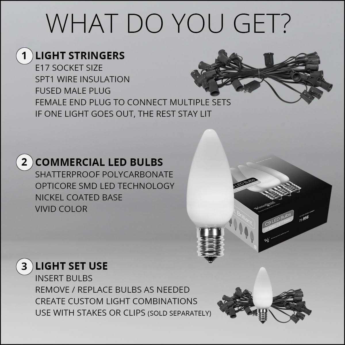 Wintergreen Lighting C9 Smooth OptiCore Commercial LED Christmas String Lights