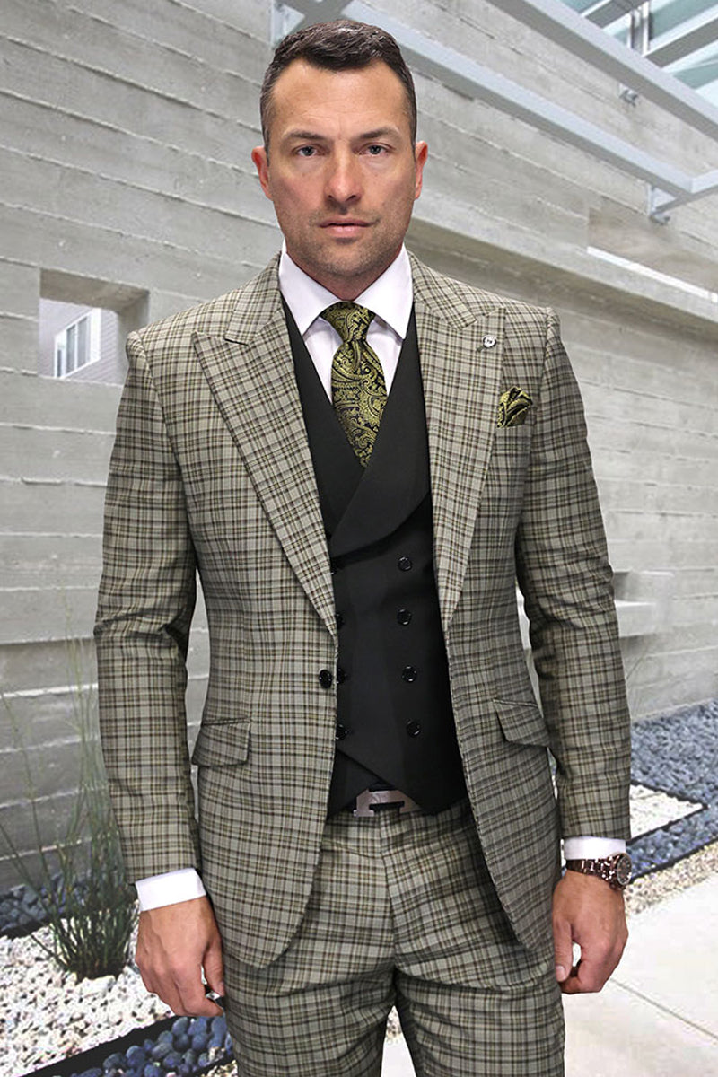Men’s Designer One Button Peak Lapel Vested Wool Suit in Olive Green Windowpane Plaid