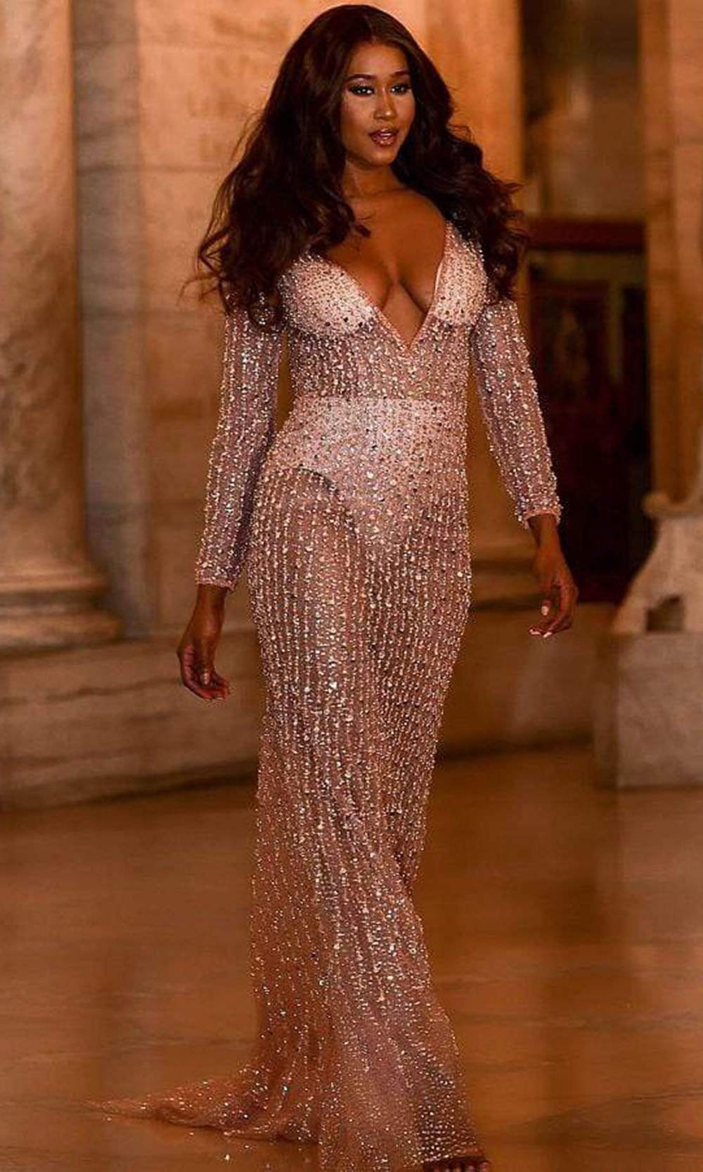 06559 See Through Bejeweled Plunging Gown