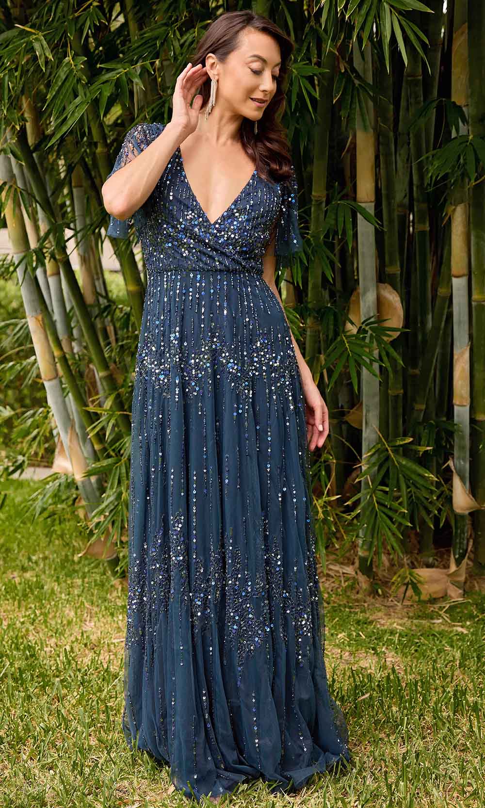V-Neck Sequin Embellished Evening Gown