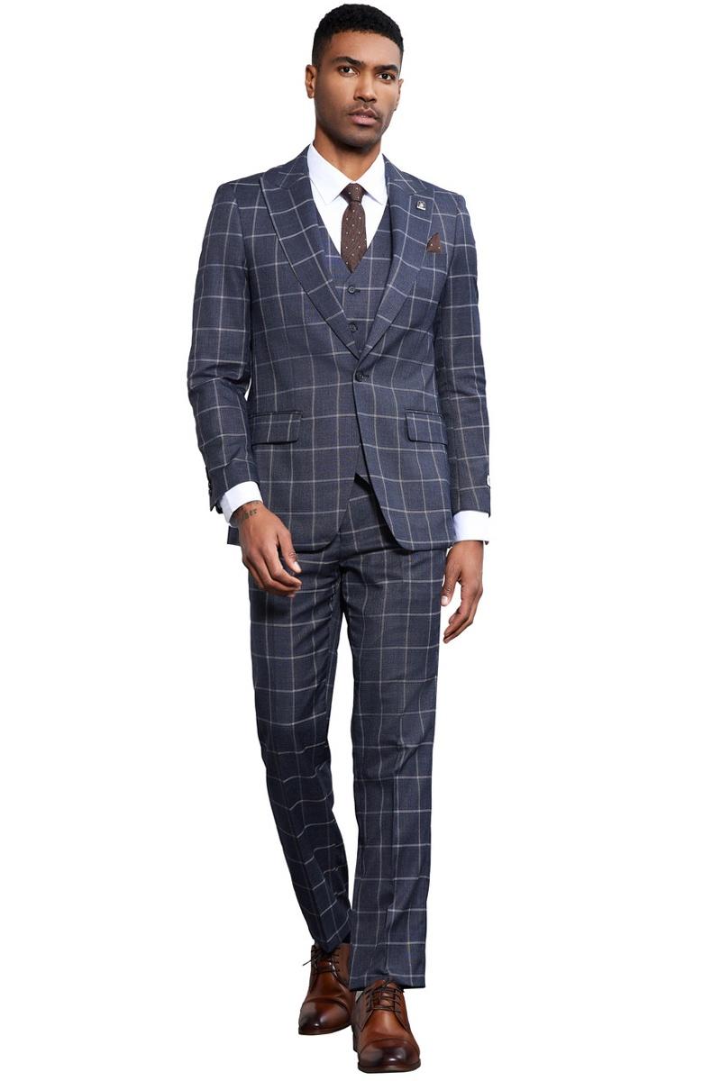 Men’s Stacy Adams Classic One Button Vested Windowpane Suit in Charcoal Grey