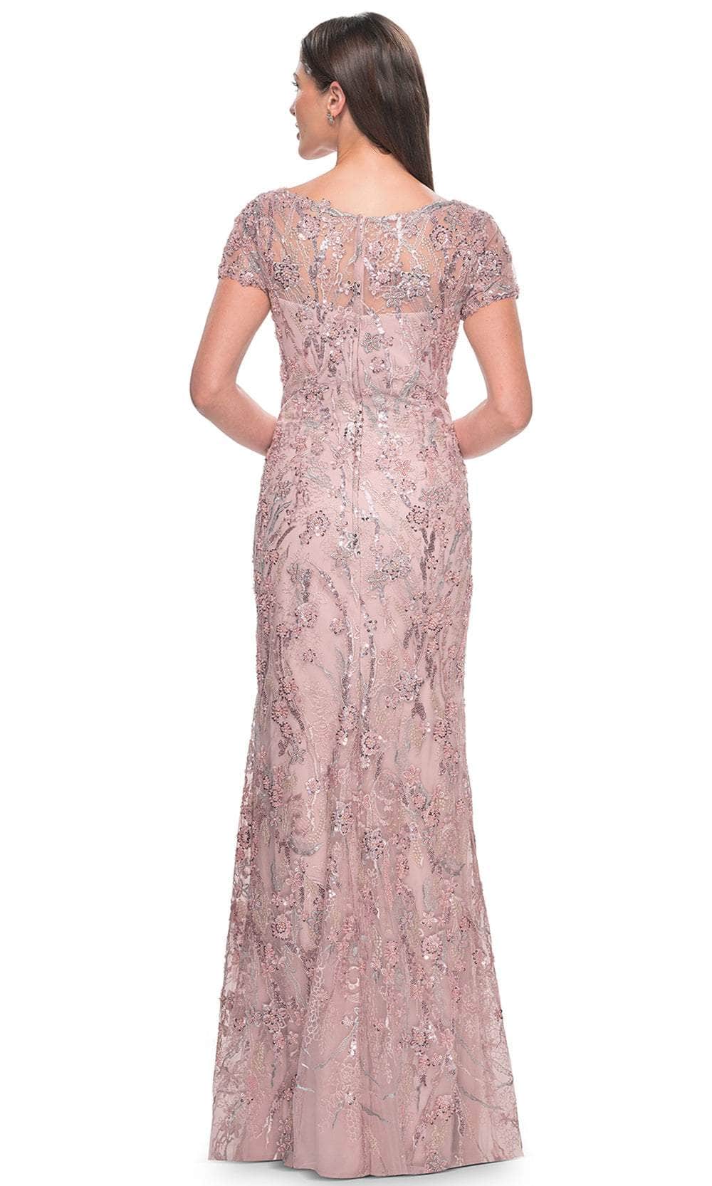 Beaded Floral Patterned Short Sleeve Evening Dress