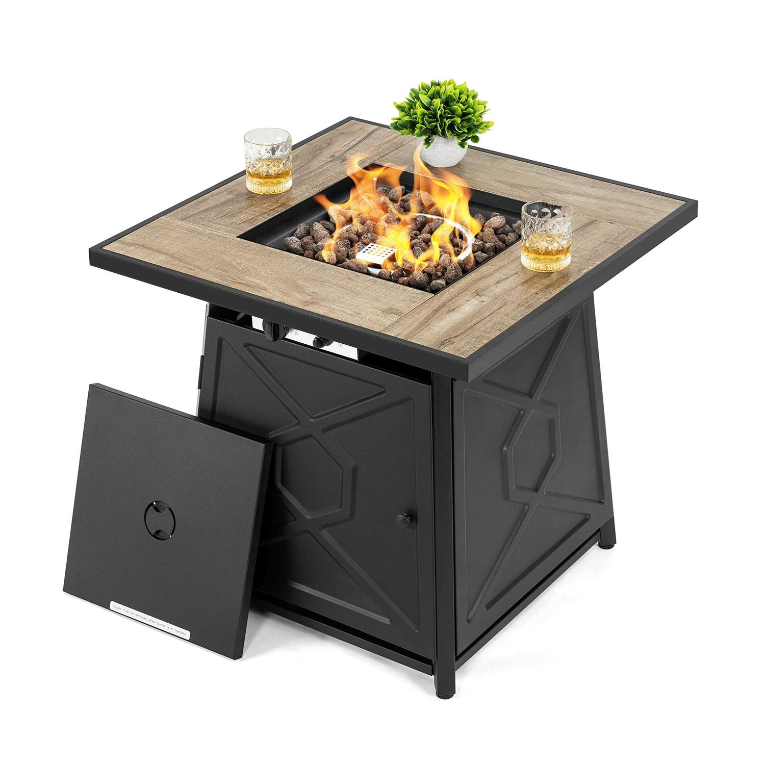 Nuu Garden 28 in. Square Metal Outdoor Propane Fire Pit Table with PVC Cover and Lava Rocks