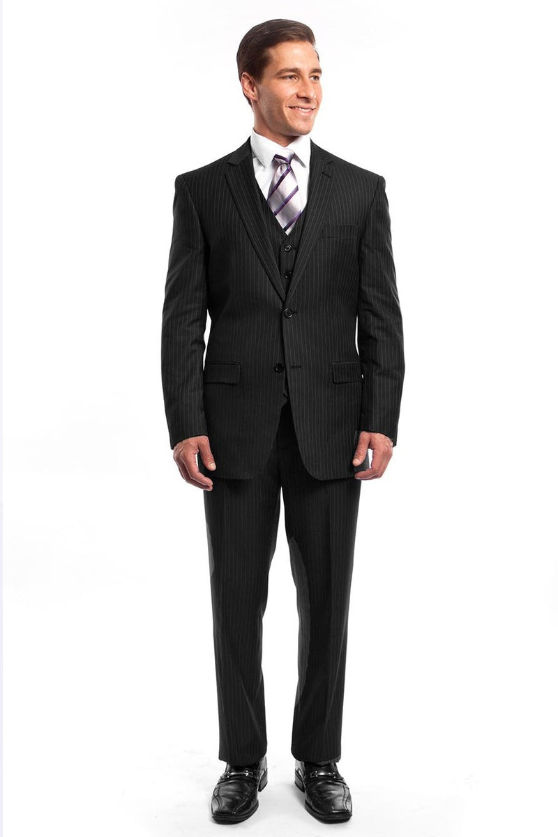 Men’s Two Button Vested Business Suit in Black Pinstripe