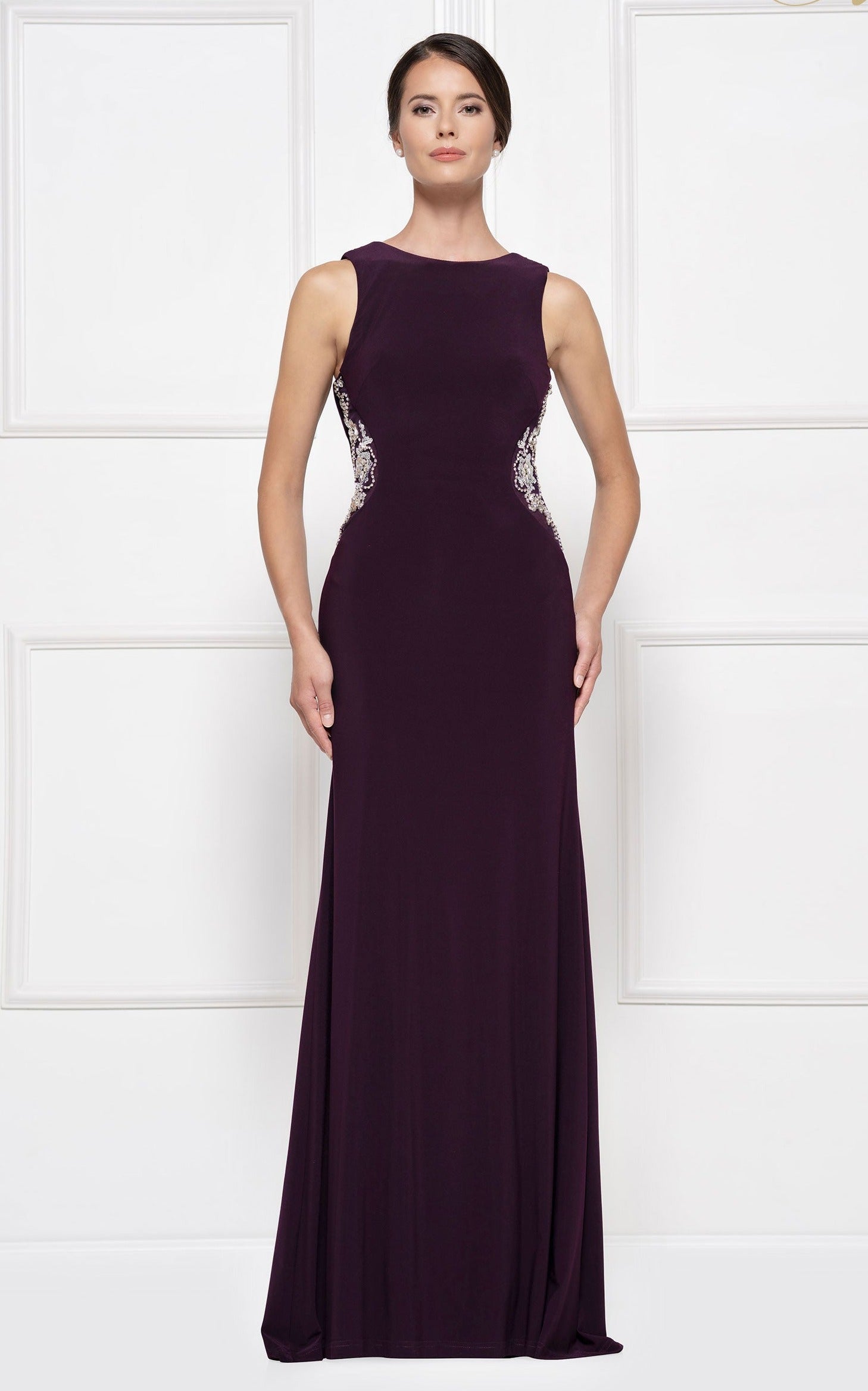 RD2029 Bejeweled Bateau Jersey Sheath Dress