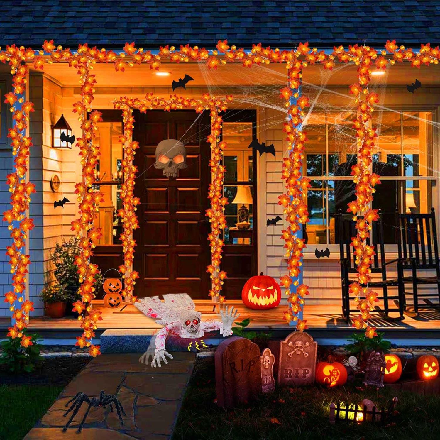toplee 3 Pack Thanksgiving Garland With Pumpkin Lights & Enlarged Maple Fall String Lights Thanksgiving Halloween Pumpkins Lights