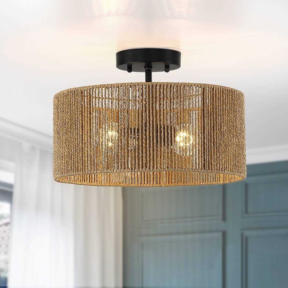 True Fine Dorn 2-Light Woven Rope Drum Semi-Flush Mount Ceiling Light