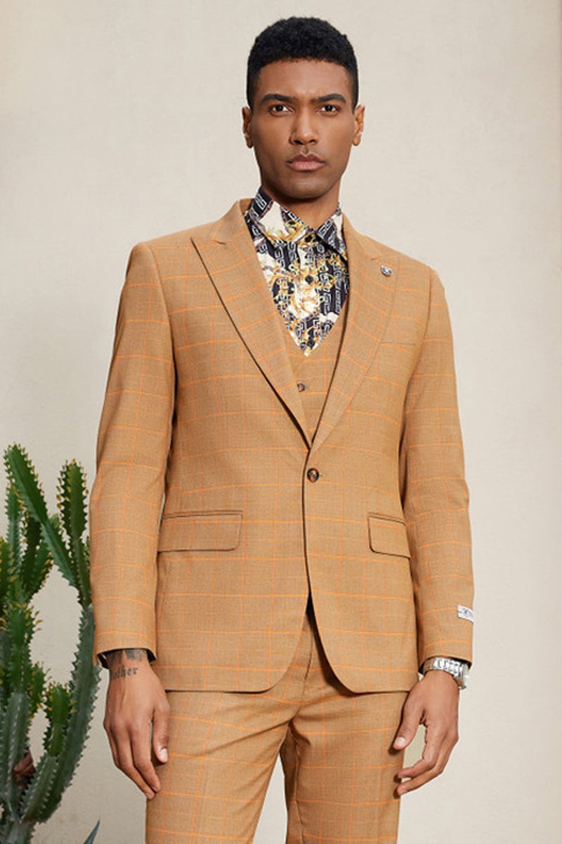 Men’s Stacy Adam’s One Button Windowpane Plaid Suit with Reversible Vest in Orange Rust