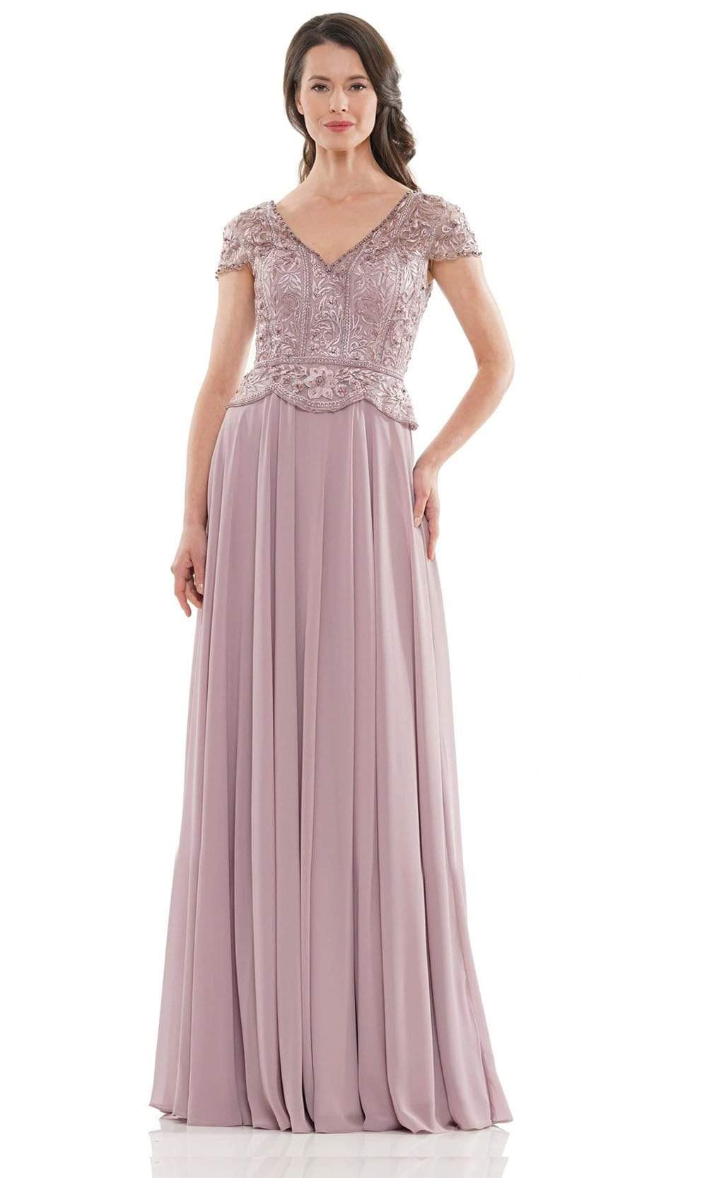M243 Short Sleeve Embroidered Peplum Chiffon Gown