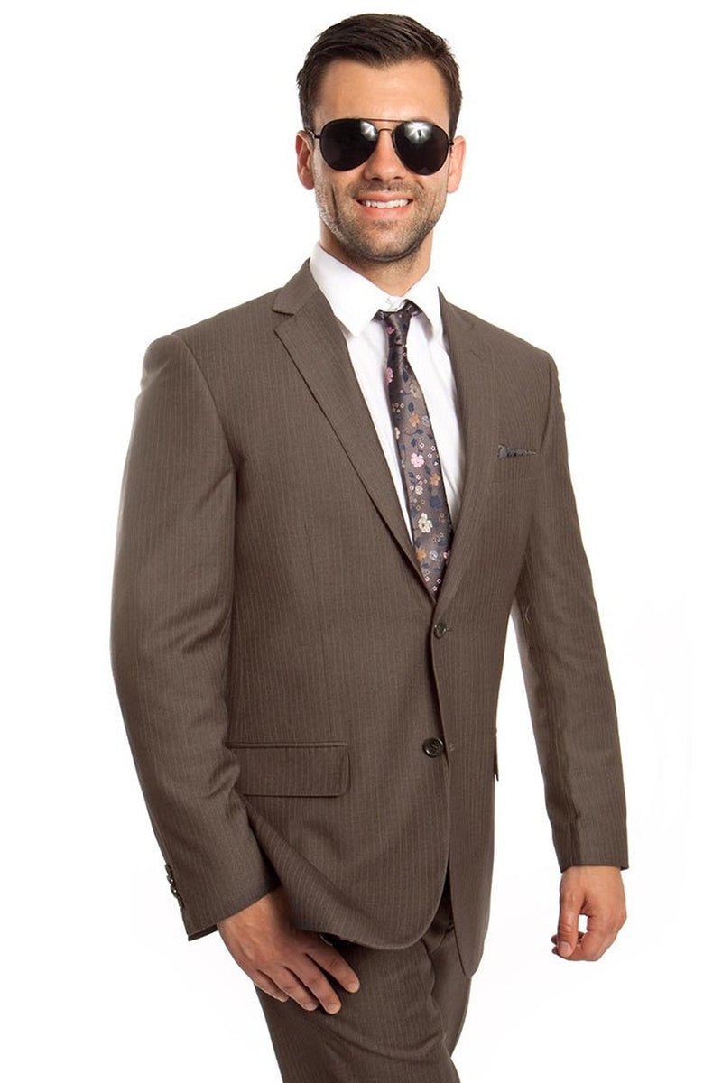 Men’s Two Button Regular Fit Micro Pinstripe Business Suit in Taupe