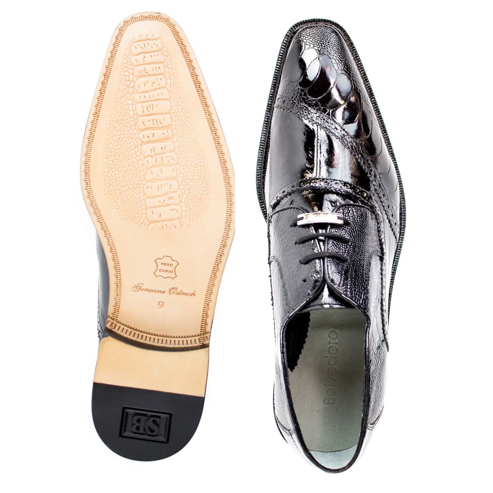 Men’s Belvedere Nino Slanted Wingtip Ostrich Leg & Eel Dress Shoe in Black