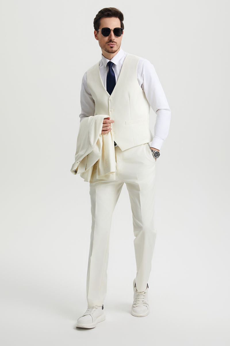 Men’s Two Button Vested Stacy Adams Basic Designer Suit in Ivory Off White
