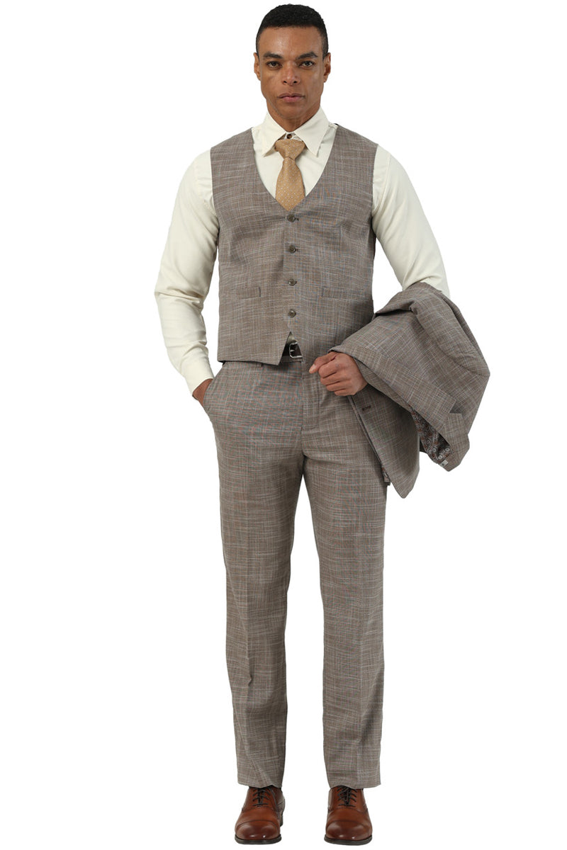 Men’s Designer Stacy Adams Vested Suit in Light Brown Sharkskin Weave