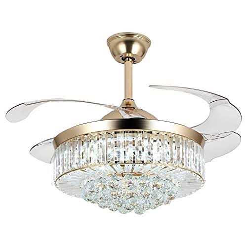 42&”Reversible Chandelier Crystal Ceiling Fan with Lights Stepless Dimming Modern Ceiling Fan Remote Control Retractable Invisible Blades
