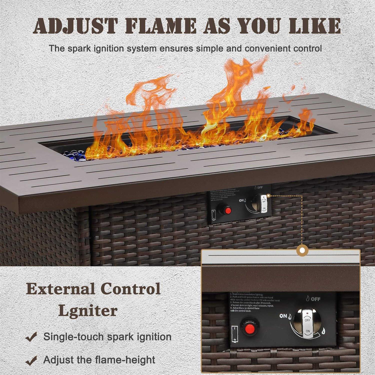 Vakollia Propane Fire Pit Table,44 Inch 55000 BTU Outdoor Gas Fire Pit Rectangular with Glass Wind Guard for Outside Patio Deck