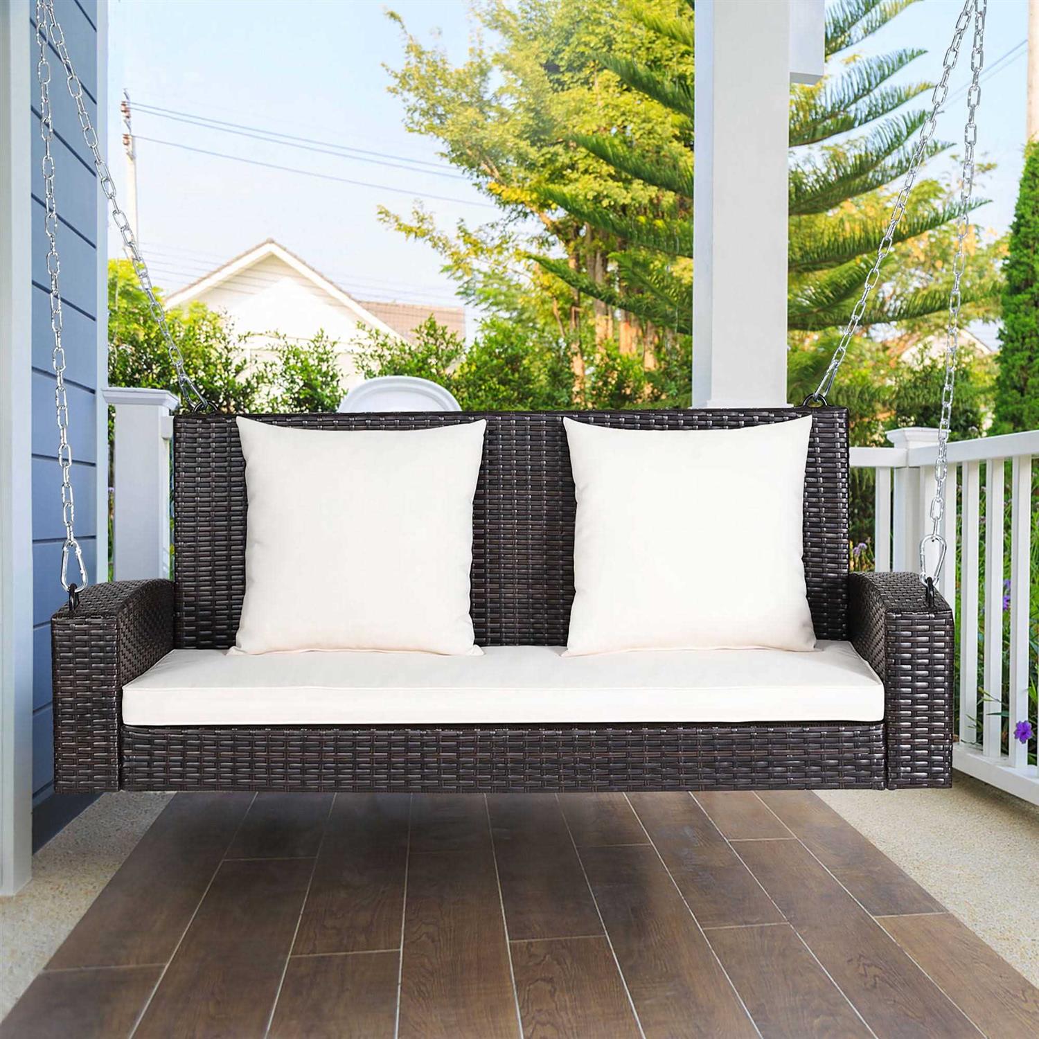 Costway 2-Person Patio Rattan Hanging Porch Swing Bench Chair Cushion