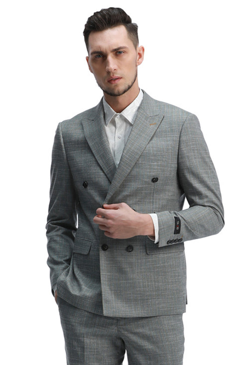 Men’s Slim Fit Double Breasted Summer Sharkskin Suit in Mint Green