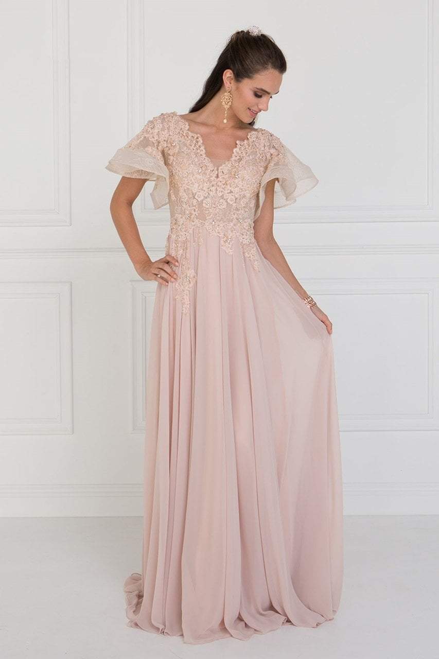 GL1587 Short Butterfly Sleeve Floral Lace A-Line Gown