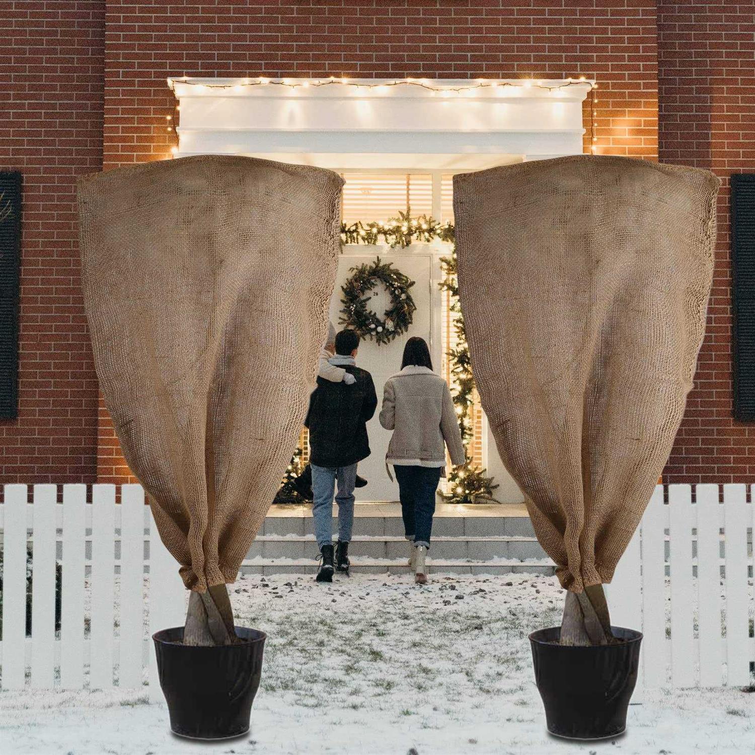 2 Pack 47′′ × 40′′ Reusable Warm Burlap Winter Plant Cover Bags with Drawstring Burlap Plant Covers Freeze Protection Large Plant Frost Cloth Cold