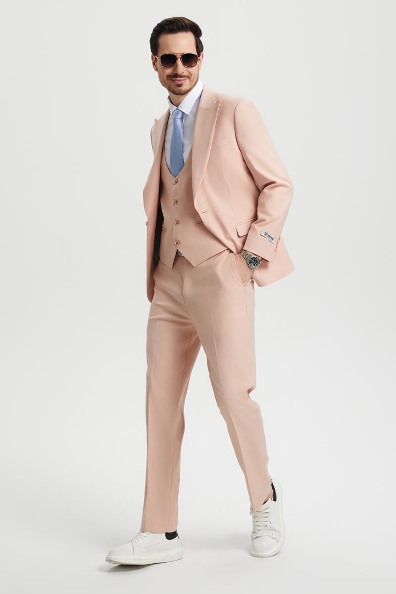 Men’s Vested One Button Peak Lapel Stacy Adams Designer Suit in Blush Pink
