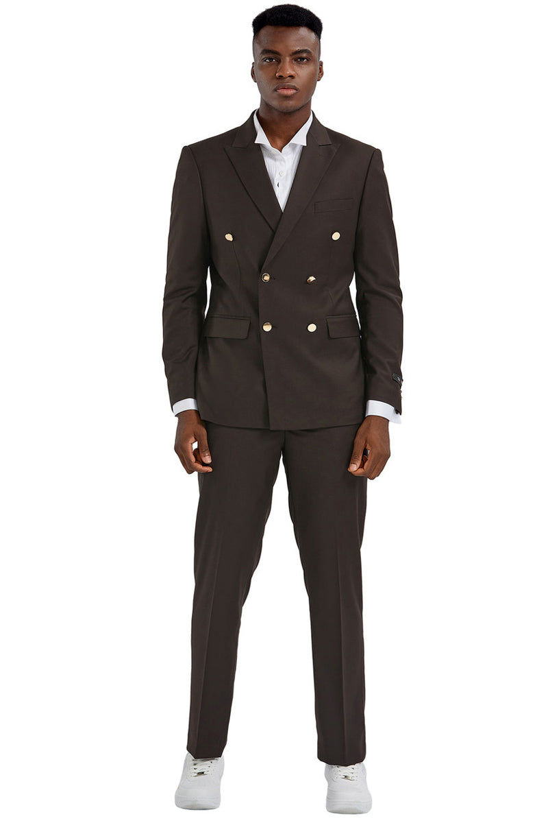 Men’s Slim Fit Double Breasted Wedding Suit with Gold Buttons in Brown