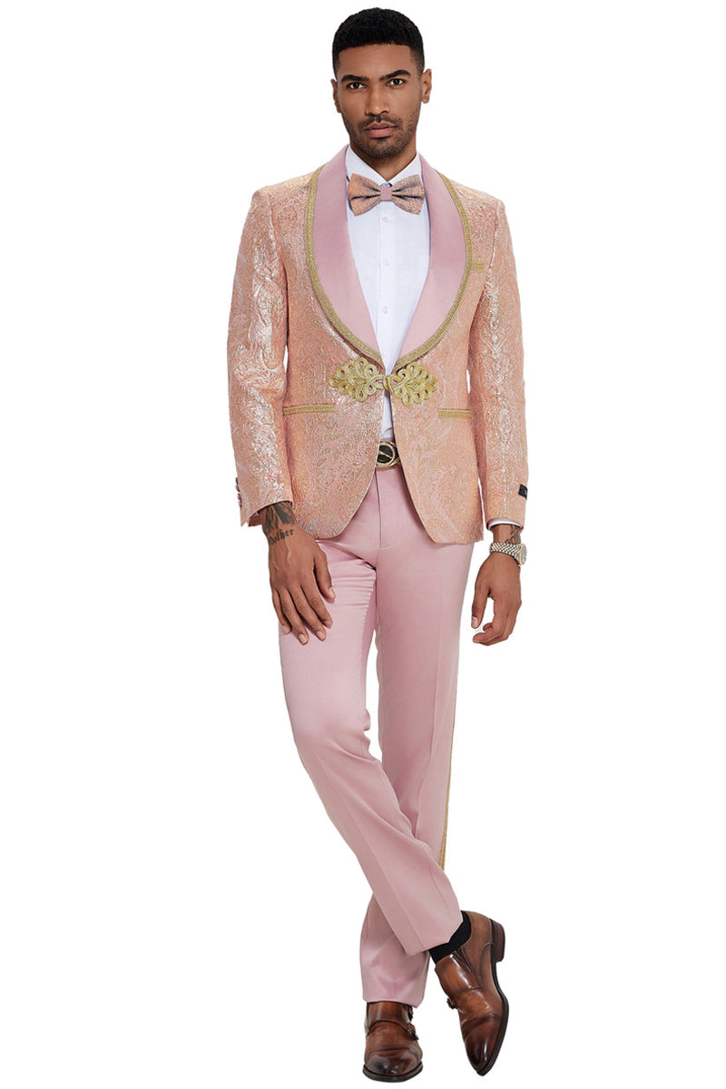Men’s One Button Shawl Lapel Wedding & Prom Tuxedo in Shiny Pink Paisley