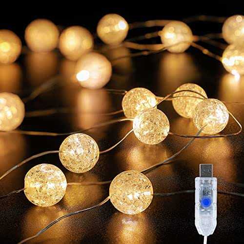BEEWIN Globe String Lights for Bedroom,Crystal Crackle Ball Lights 10FT 30 LED USB Fairy Lights