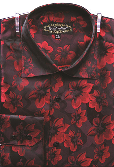 Men’s Regular Fit Fancy Tonal Floral Pattern Sports Shirt in Burgundy