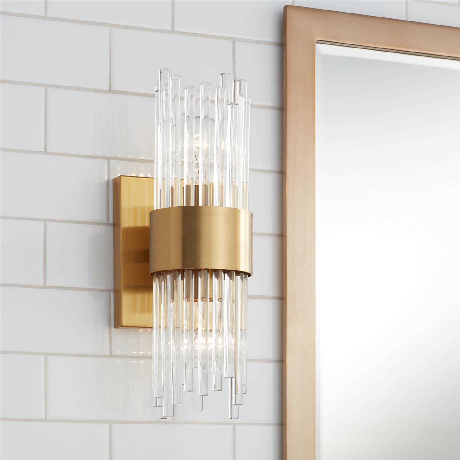 Stiffel Gillery Modern Wall Light Sconce Warm Brass Gold Hardwired 5 2-Light Fixture Clear Glass Rods for Bedroom Bathroom Bedside Living Room