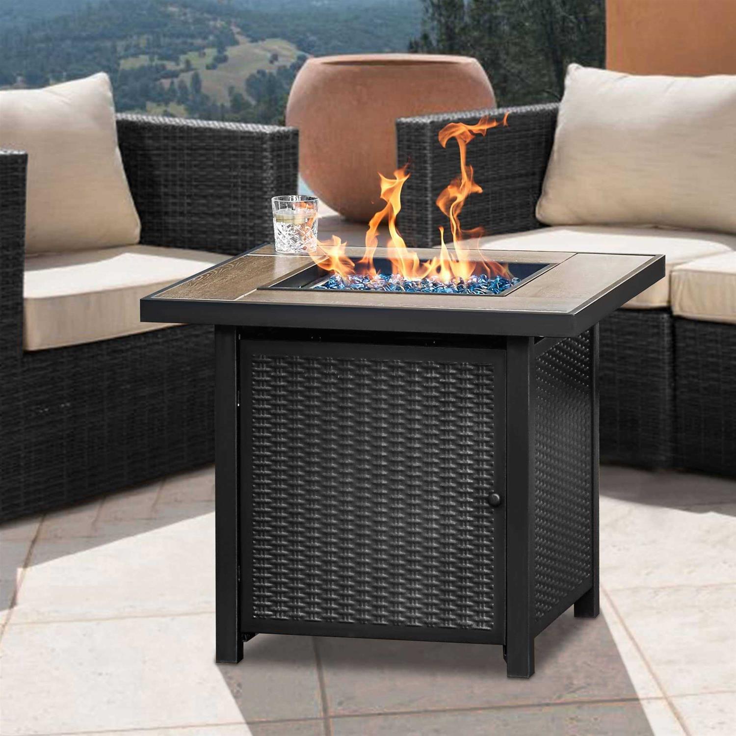 BALI OUTDOORS Propane Gas Fire Pit Table 30 inch 50,000 BTU Square Gas Firepits with Fire Glass for Outside