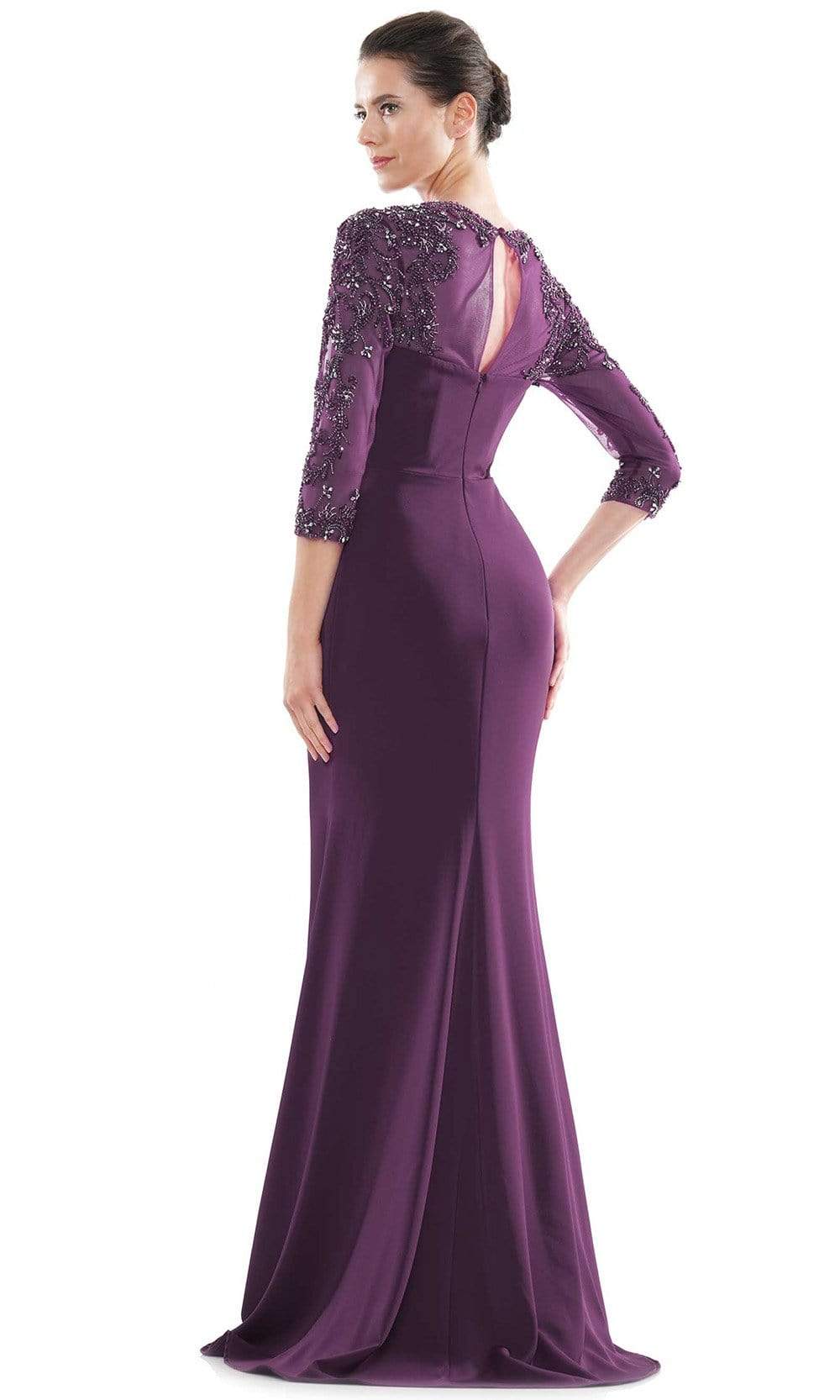 MV1070 Beaded Sheer Sleeves V Neckline Slit Gown