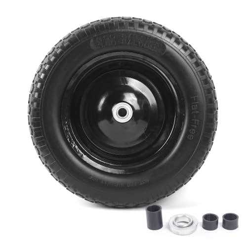 AR-PRO 4.80/4.00-8 Flat Free Tire 14.5”D x 3.2”W Universal Solid Wheelbarrow Tire with 3” Hub and 5/8” Bearings – Extra Adapter kit includes 3/4”