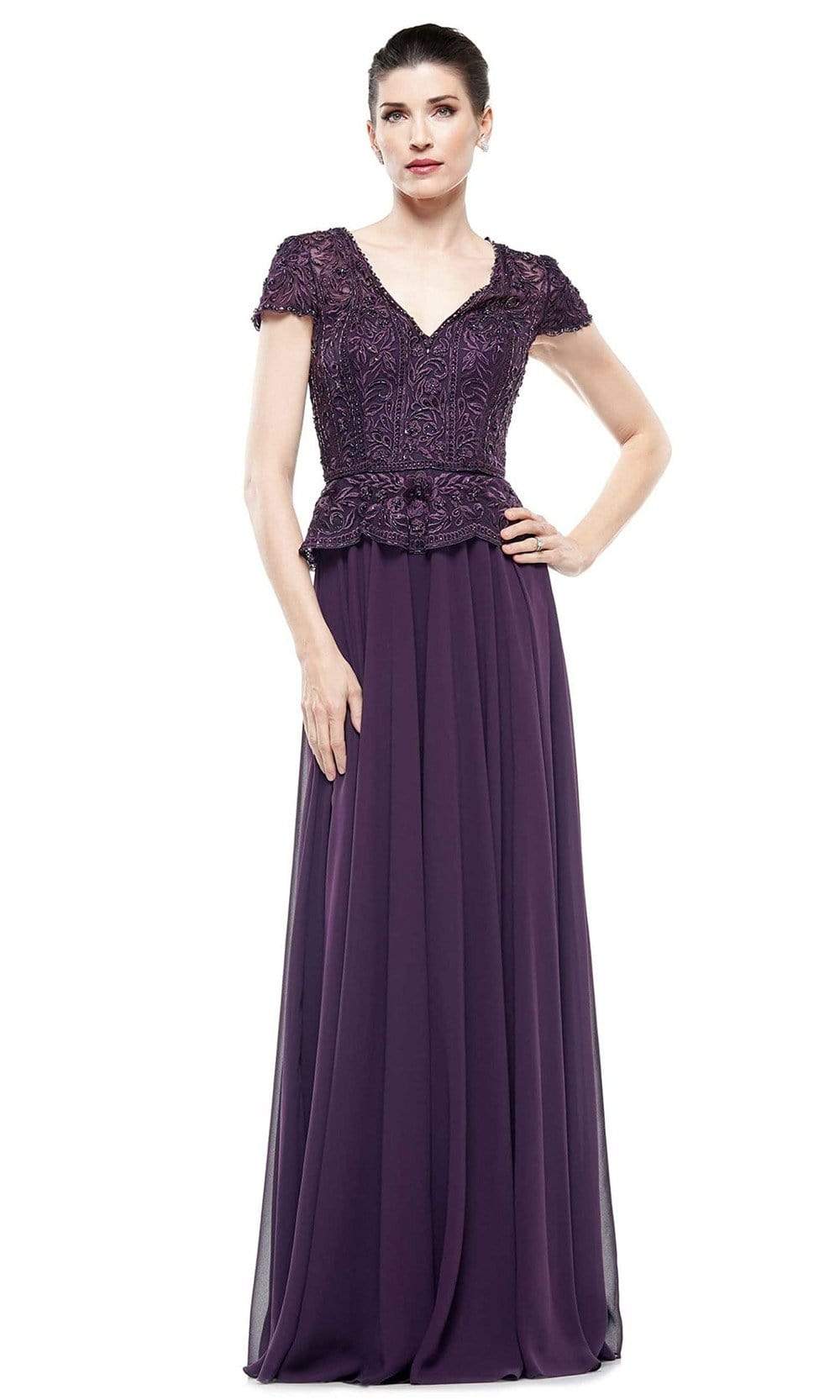 M243 Short Sleeve Embroidered Peplum Chiffon Gown