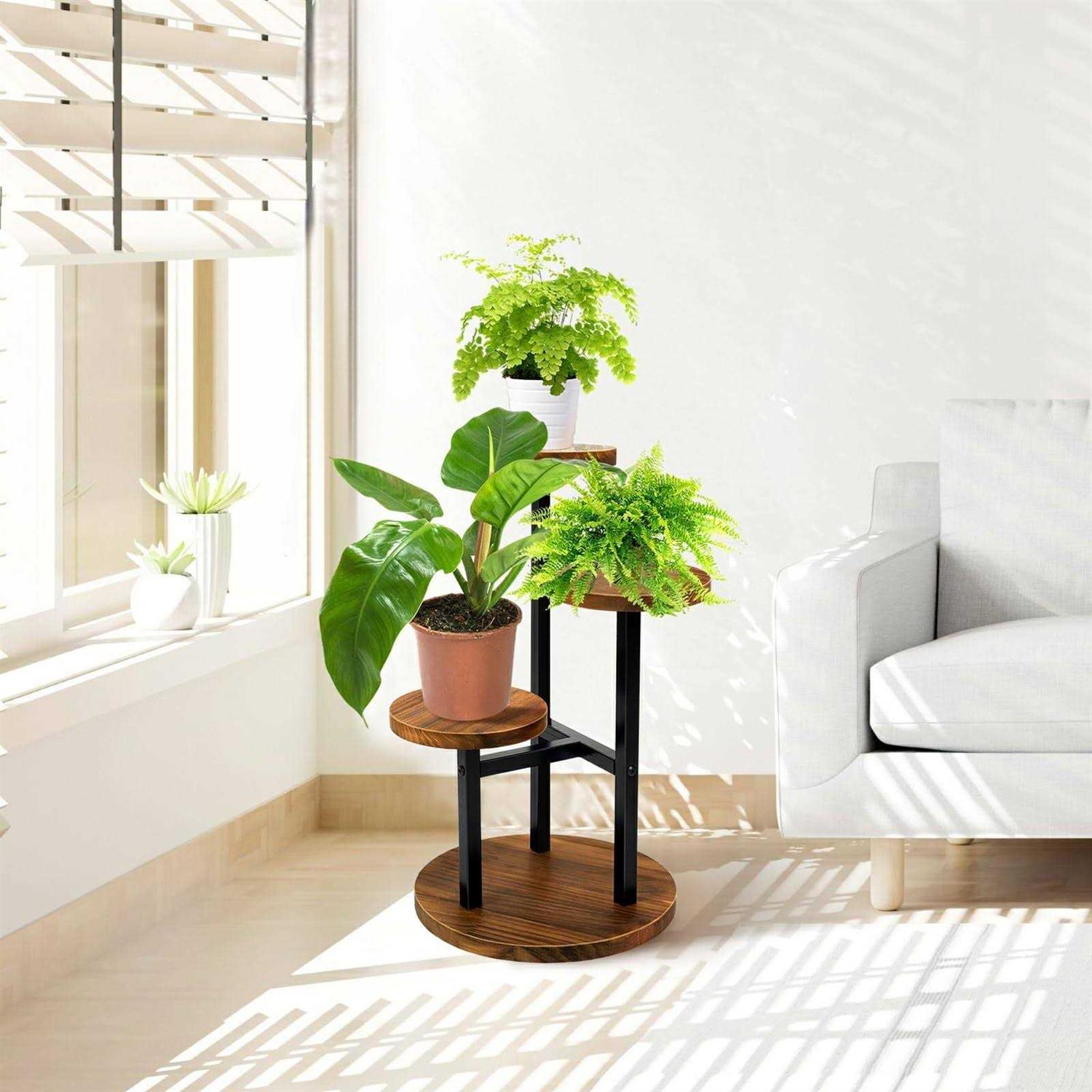 AUGOSTA 3 Tier Plant Stand Tall Metal Wood Shelf Holder for Indoor