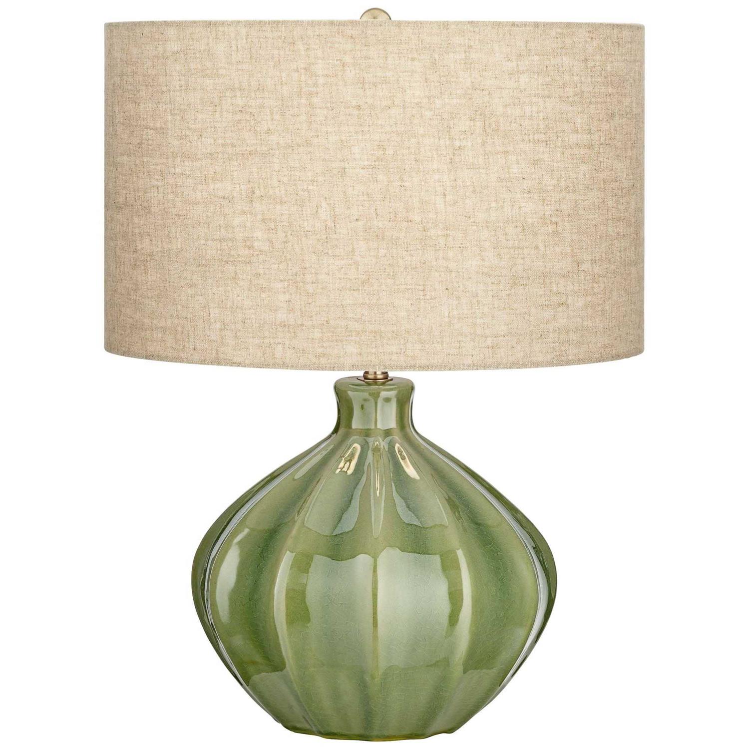 360 Lighting Gordy Modern Accent Table Lamp Handcrafted Ribbed Green Ceramic Oatmeal Fabric Drum Shade for Living Room Bedroom B