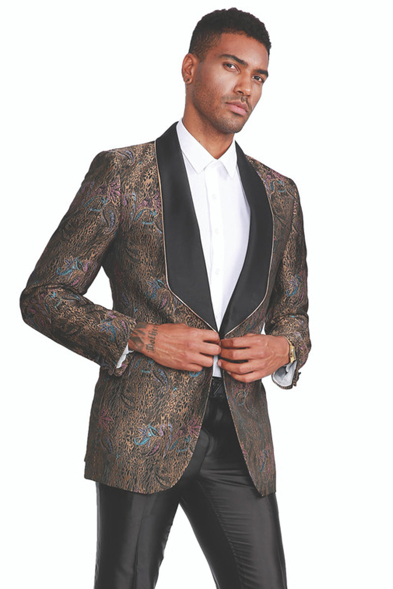Men’s Fancy Square Lapel Paisley Brocade Tuxedo Blazer in Rust