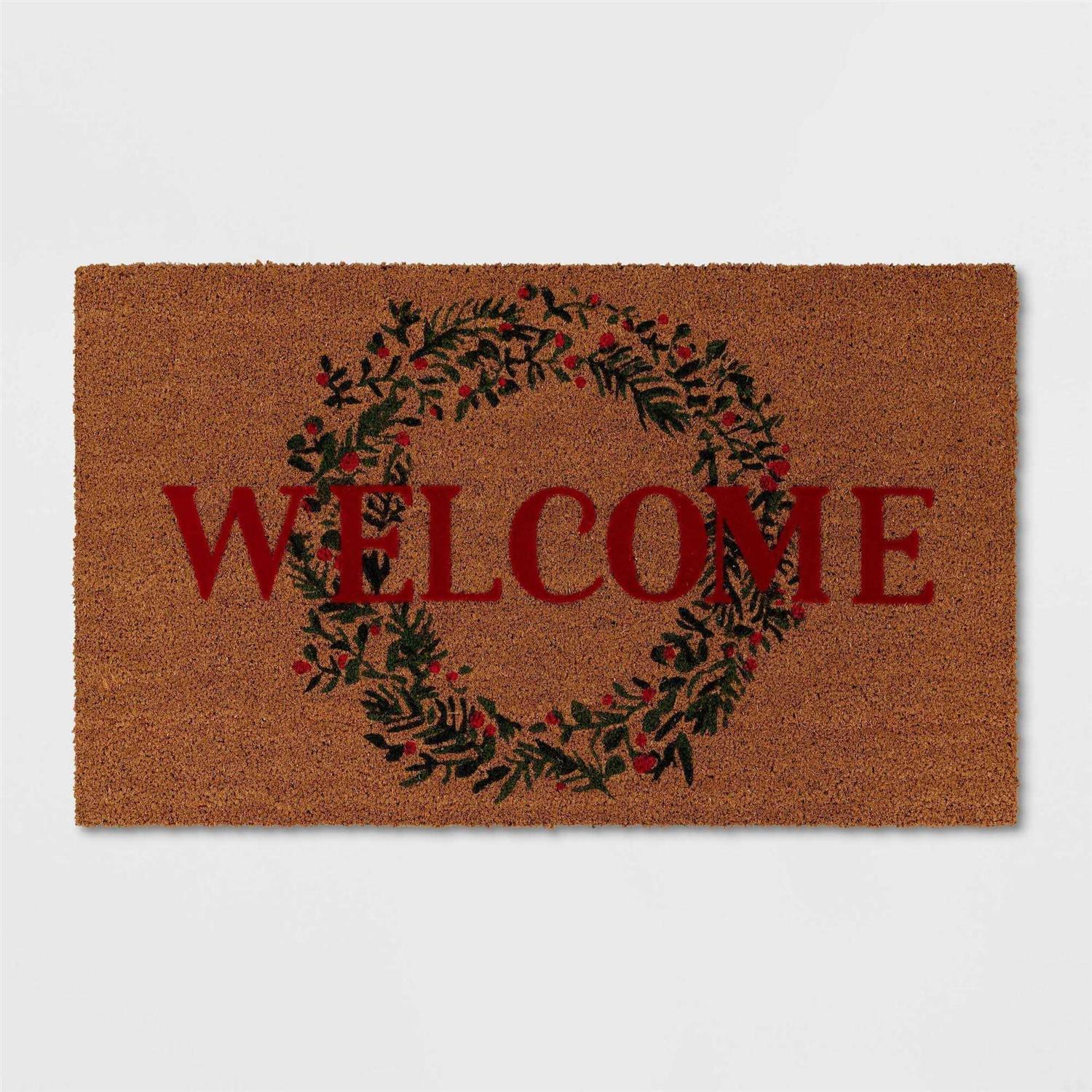 1’6×2’6 ‘Welcome’ Wreath Flocked Coir Christmas Doormat Red/Green