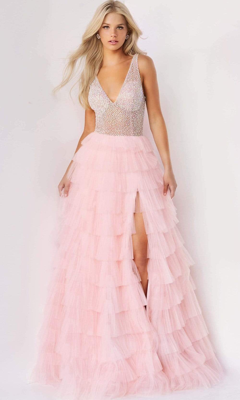 07235 Jeweled High Slit Tulle Gown