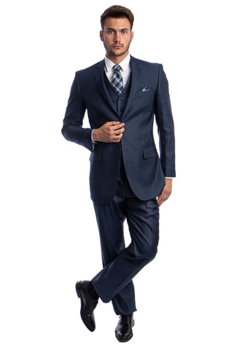 Men’s Two Button Vested Textured Sharkskin Business Suit in Navy Blue