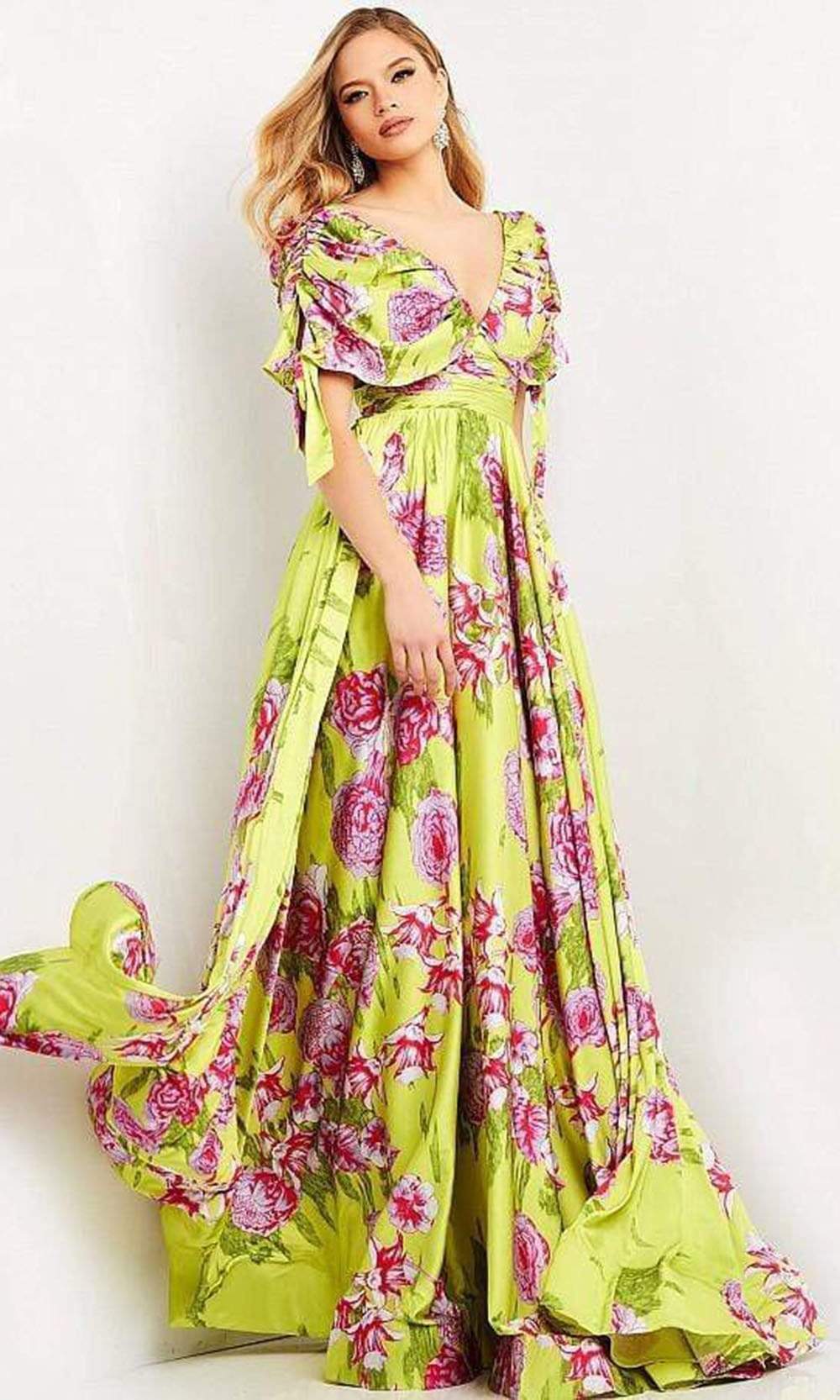 04176 Ruched Sleeve Printed Flowy Dress