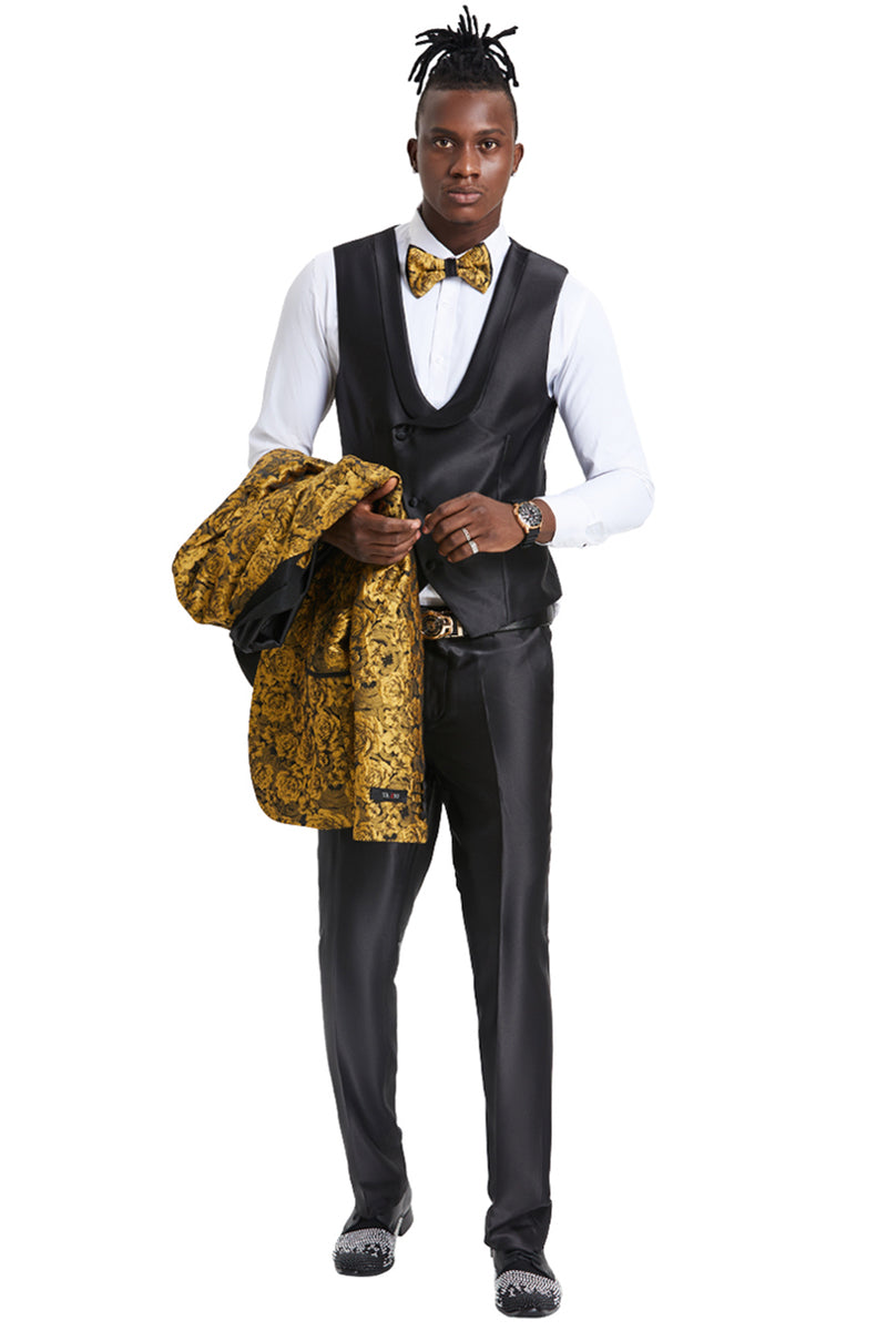 Men’s One Button Slim Fit Shiny Paisley Floral Vested Prom Tuxedo in Gold