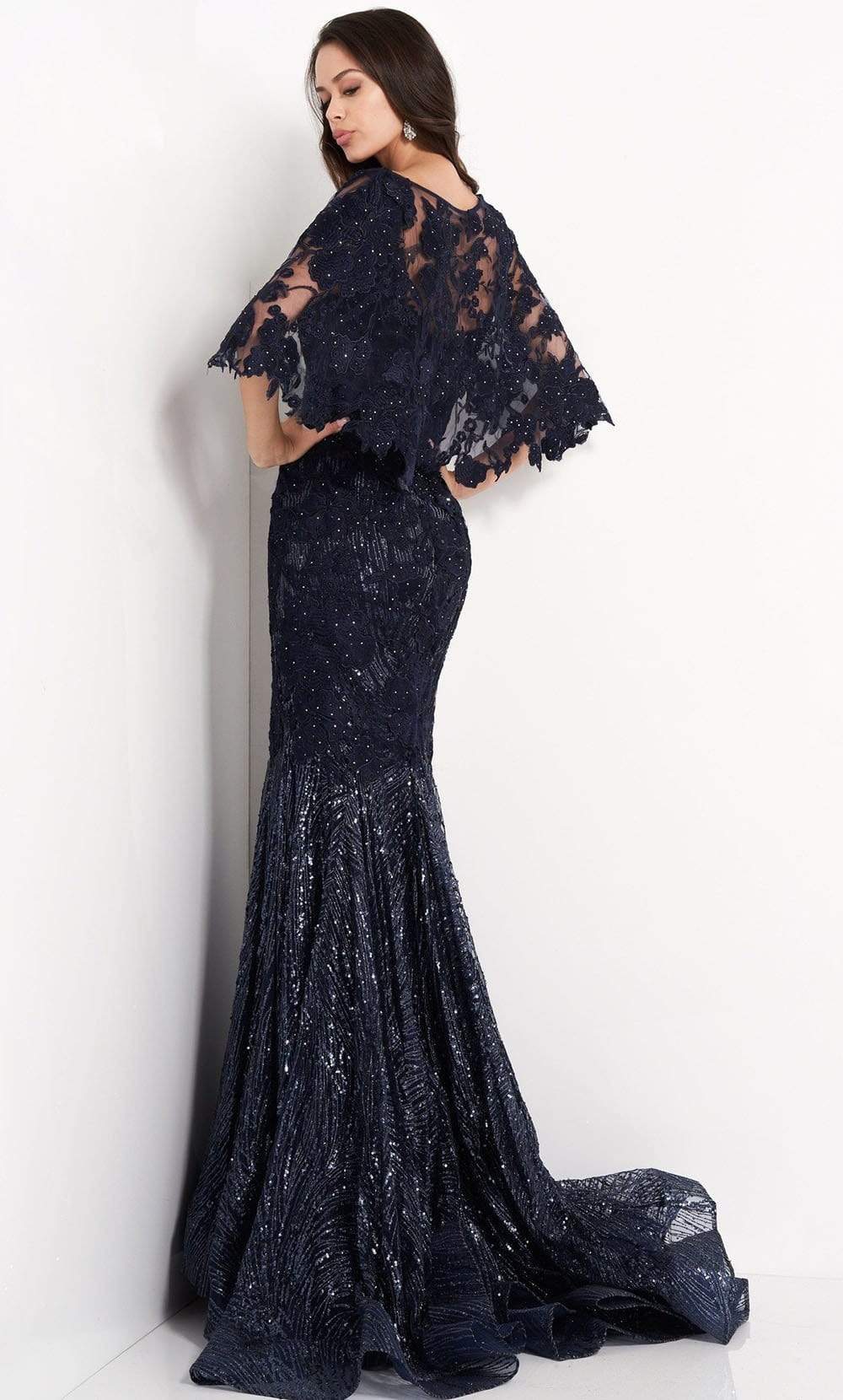 03158 Embroidered V Neck Trumpet Dress With Train