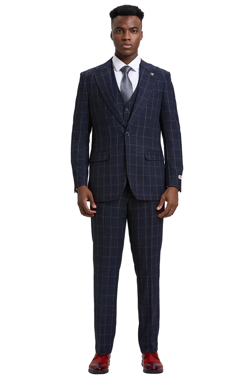 Men’s Stacy Adams Vest Classic Bold Windowpane Suit in Navy Blue