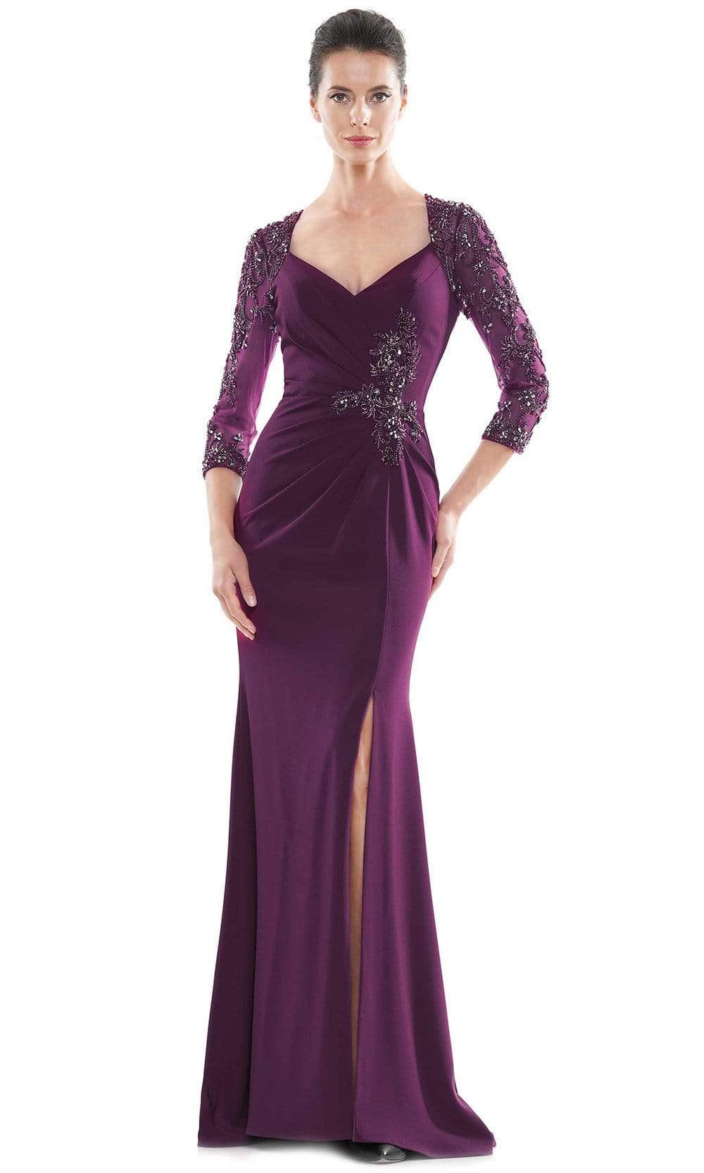 MV1070 Beaded Sheer Sleeves V Neckline Slit Gown