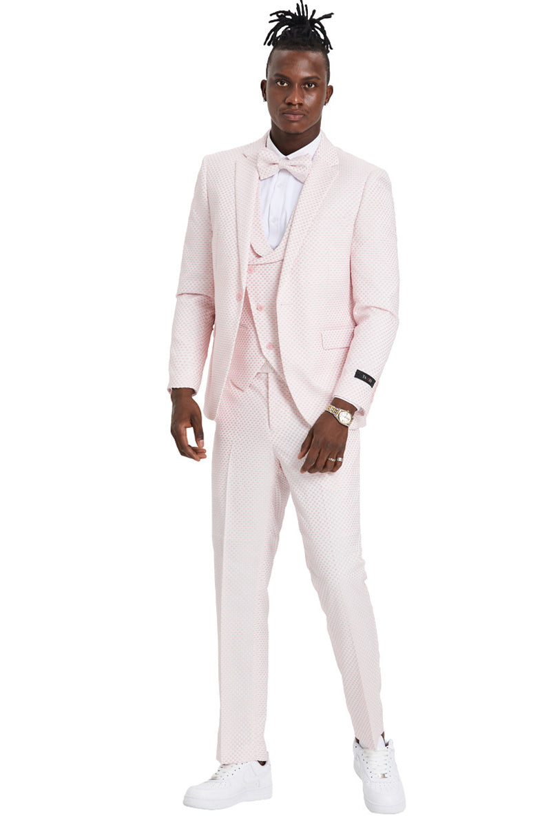 Men’s One Button Double Brested Vest Notch Lapel Prom & Wedding Suit in Pink Polka Dot