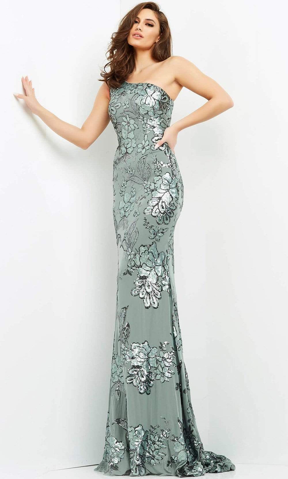 04331 Floral Sequin Embellished One Shoulder Fitted Gown